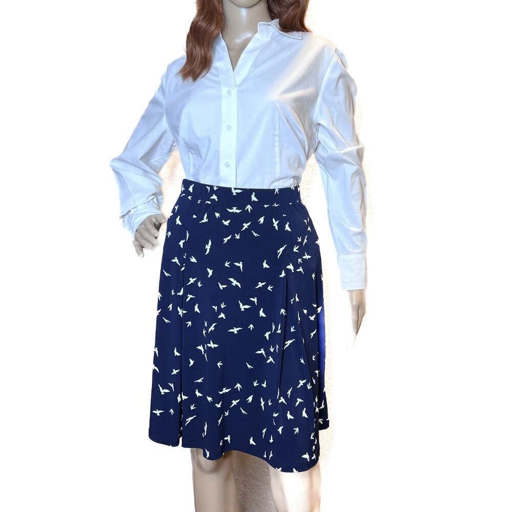 Gilli Willet Knit Fit and Flare Pleated Skirt Navy White Birds Size L